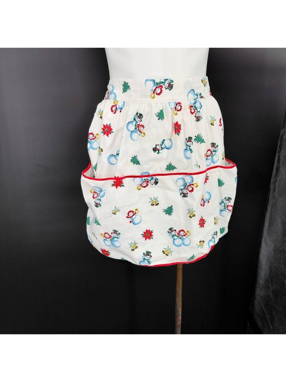 Vint Christmas Waist Apron Snowman Cotton Retro Kitchen White Pocket Trad Granny